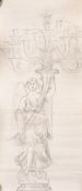 Late 19th century, cartoon drawing of an angel holding up a candelabra issuing from a cornucopia,