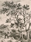 Circle of John Crome, two travellers in a wooded landscape, etching, numbered '10', 4.25