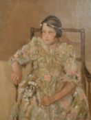 Attributed to Francis Wynne Thomas, A portrait of a seated child wearing a garland of flowers, oil