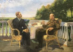 20th Century Russian School, Lenin and Gorky conversing on a terrace, oil on canvas, inscribed