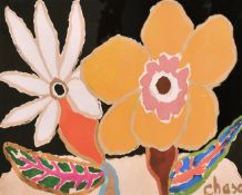 Attributed to Malcolm de Chazal (1902-1981) still life of flowers on a black background, gouache