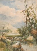 Charles Frederick Albon (1864-1930) British, Rocky River landscape with mountains beyond,