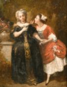 Circle of Victor Gabriel Gilbert (1847-1935) French, 'The Secret', Two ladies conversing in a formal