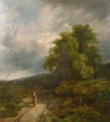 Adams, 19th century school, a mother and child on a country path, with trees and hills beyond, oil