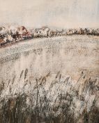 Mehdi, stylised village scene across a field, water colour/mixed media, 13.5