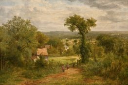 F. J. Railton (act. 1846-1866) Children foraging by a farm gate with a cottage and open fields