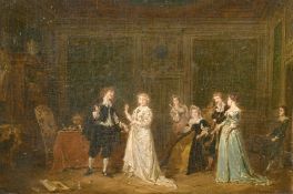 Antoine Emile Plassan (1817-1903) French, 'Le Compliment' figures in a lavish interior, oil on