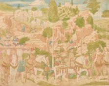 Two late 19th century medieval scenes with figures and horses in a convoy, tinted prints, both 11