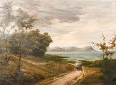 L. Duguet (c. 1911) A scene of a cart approaching a bay with sail boats and a headland beyond, oil