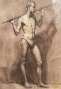 20th Century Russian School, A study of a standing male figure carrying a piece of wood, charcoal,