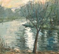 George Manchester (1922-1996) British, 'The Lake', oil on board, signed with initials with label