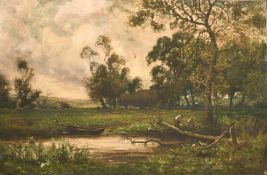 Tom Seymour (1844-1904) British, 'A Surrey stream' figures by a boat with harvesting beyond, oil