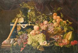 20th century, An abundant still life of fruit and trailing vines, oil on canvas, signed with