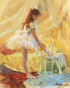 Alexander Averin (b.1953) Russian, 'Tying My Shoe', oil on canvas 10.5