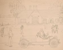 A collection of seven sketches, mostly ink and watercolour, each approximately 12