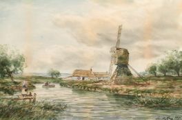 John Hamilton Glass (1820-1885) British, Figures by a river with a windmill and cottage,