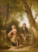 William Collins (1788-1847) British, 'The Stile', A scene of young figures by a gate with a