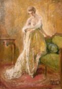 19th/20th century continental school, Full length study of a lady undressing in a lavish interior,