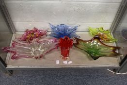 A good collection of colourful heavy glass dishes and a similar vase