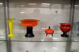 A good orange and black opaque glass pedestal bowl similar bowls and a yellow opaque glass frilly