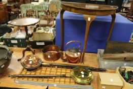 Miscellaneous items to include bedwarming pans large copper kettle wine table printers tray etc