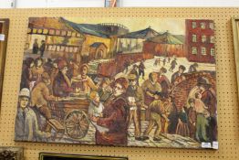 Industrial street scene with figures oil on canvas unframed