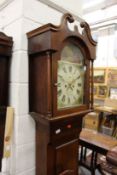 A 19th century mahogany longcase clock with painted arched dial signed Neill and Sons Londonderry