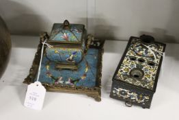 A Champleve enamel inkwell and another inkwell