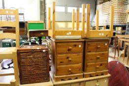 Wicker storage baskets pine bedside tables and stools
