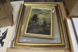 Figure of a horse on a country path oil on canvas and two other pictures