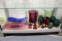 A good collection of colourful studio glassware to include dishes large vases, bud vases etc