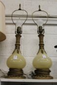 A pair of opaque glass and ormolu lamps
