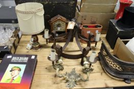 Wrought iron chandelier wall sconce table lamp clock and pair of binoculars