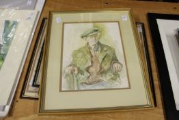 A study of a seated man with cloth cap watercolour and three maps