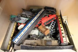 Box of toy railway equipment