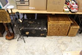 A pole screen two wrought iron candlestands, storage box and wicker baskets