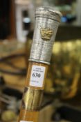 A very good silver topped malacca walking stick with engraved decoration and applied crown