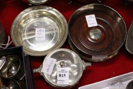 A silver mounted glass box and cover a modern silver dish and a modern silver coaster