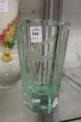 A good pale green cut glass hexagonal shaped vase engraved and wheel cut with stork amongst bull