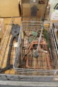 Bygone gardening implements a large pair of blacksmiths sheers etc