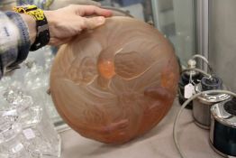 A good moulded and tinted frosted glass ceiling shade decorated with humming birds