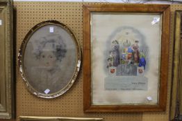 A framed and glazed masonic certificate together with an oval portrait bust of a young lady
