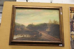 Figures crossing a stone bridge oil on canvas