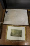 A small picture of a castle and a framed indenture, probably and print