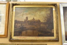 19th century English school canal scene with cathedral and buildings oil on board in a decorative