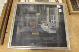 Interior scene pastel together with four prints