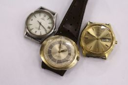 An Omega automatic wrist watch with leather strap and two other Omega wrist watches lacking straps