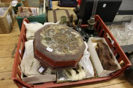 Miscellaneous items to include textiles pewter tankards a small stool etc