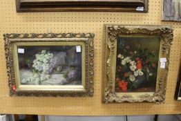 Still life of flowers in a vase oil on board and another similar