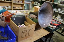 A Columbia gramaphone with large metal horn together with various records